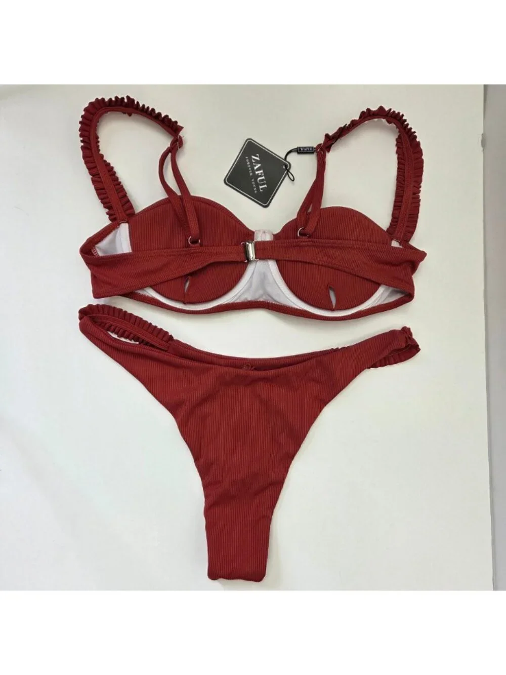 Zaful Ribbed Bikini Set W/ Ruffled Straps & High-Leg Bottoms Cranberry Size M - Picture 5 of 15
